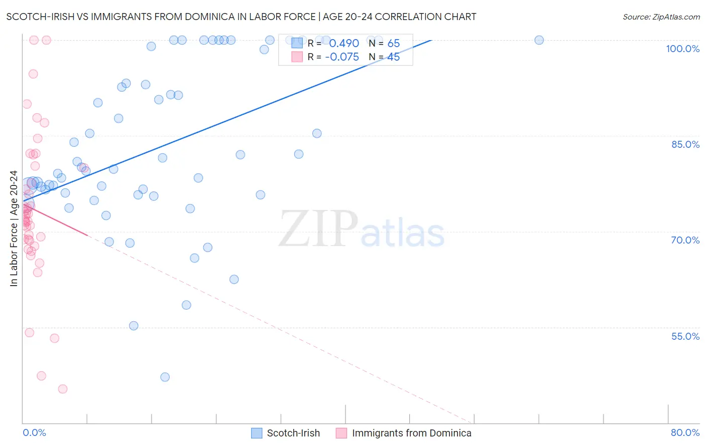 Scotch-Irish vs Immigrants from Dominica In Labor Force | Age 20-24