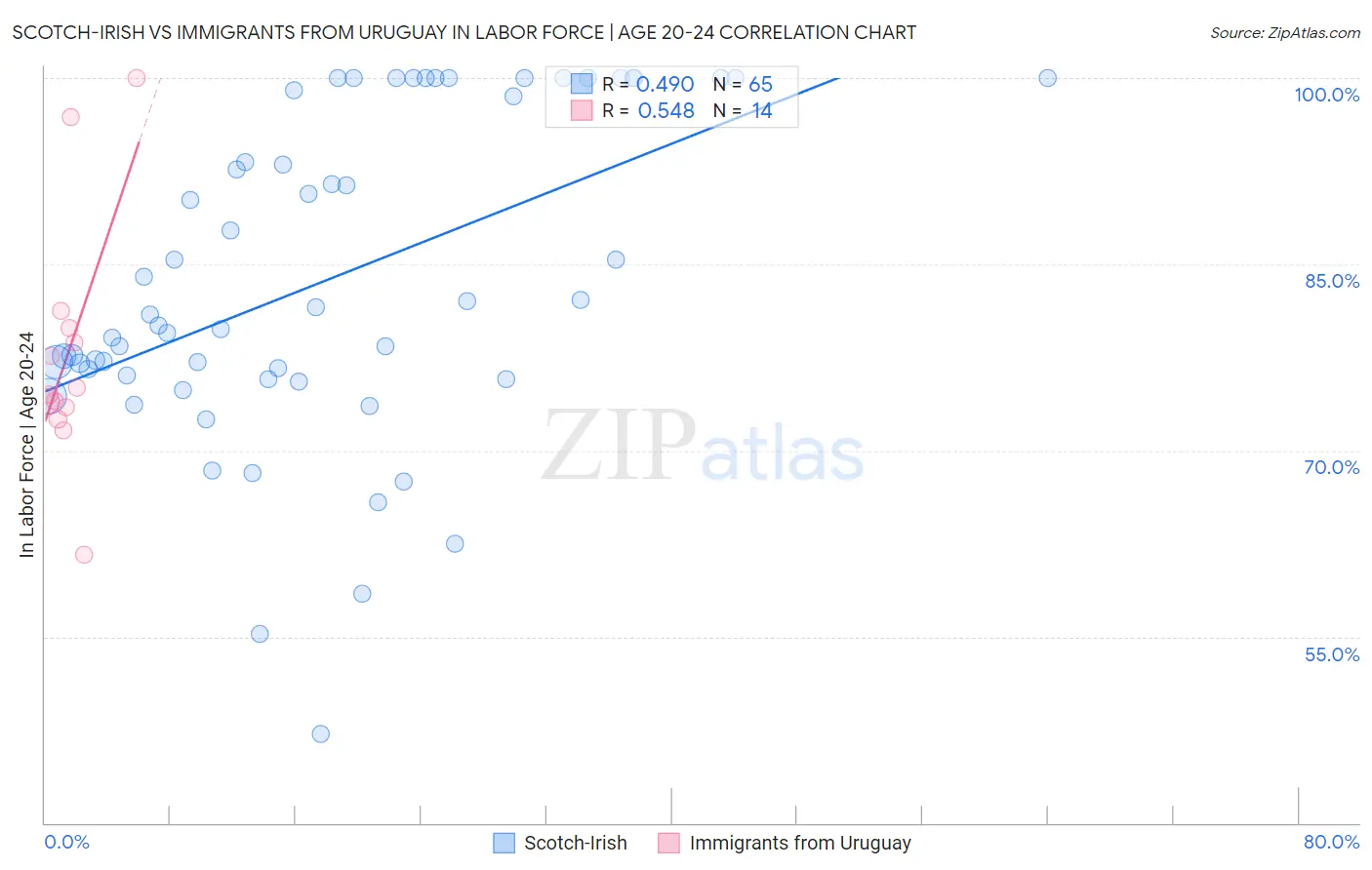 Scotch-Irish vs Immigrants from Uruguay In Labor Force | Age 20-24