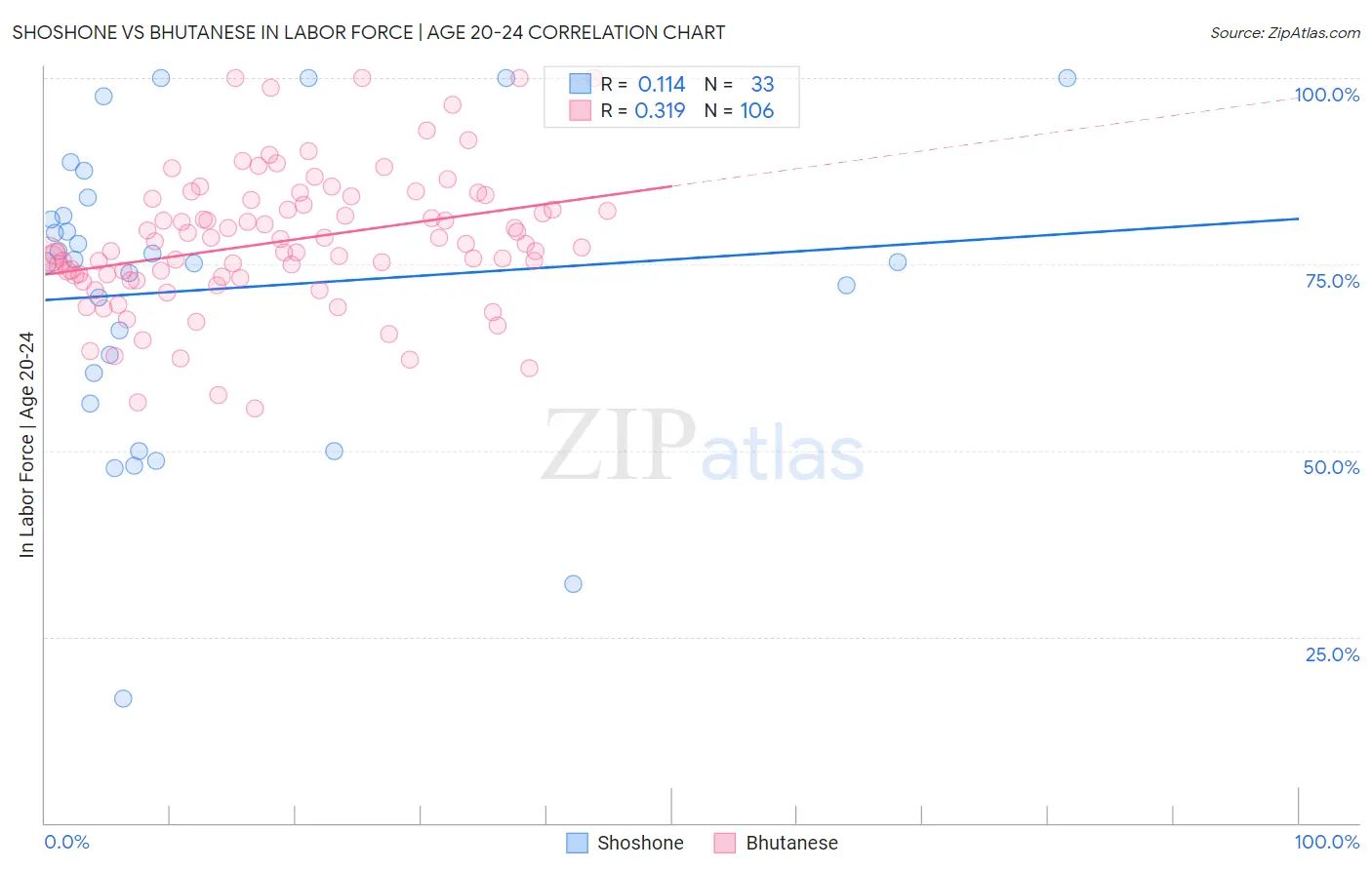 Shoshone vs Bhutanese In Labor Force | Age 20-24