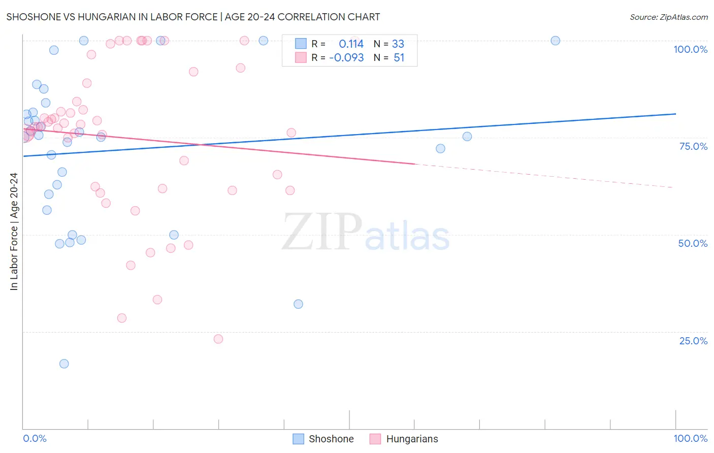 Shoshone vs Hungarian In Labor Force | Age 20-24