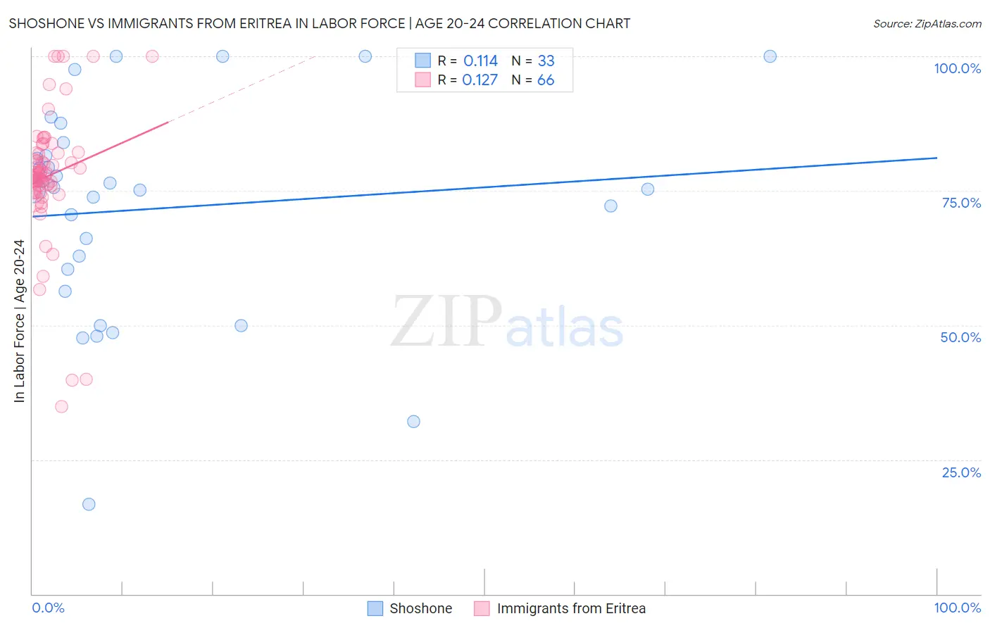 Shoshone vs Immigrants from Eritrea In Labor Force | Age 20-24