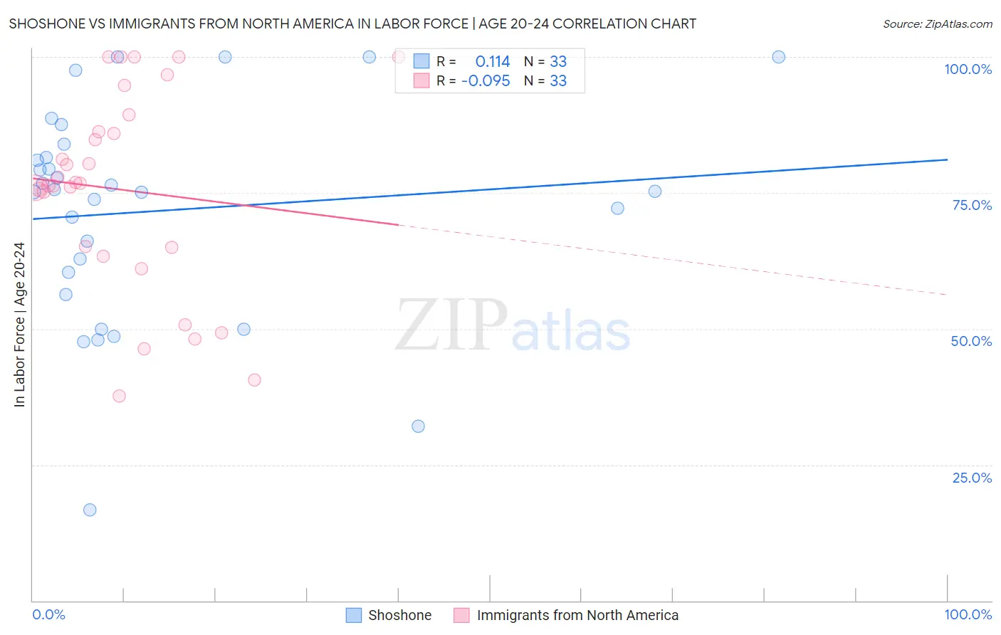 Shoshone vs Immigrants from North America In Labor Force | Age 20-24