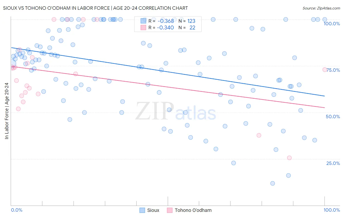 Sioux vs Tohono O'odham In Labor Force | Age 20-24