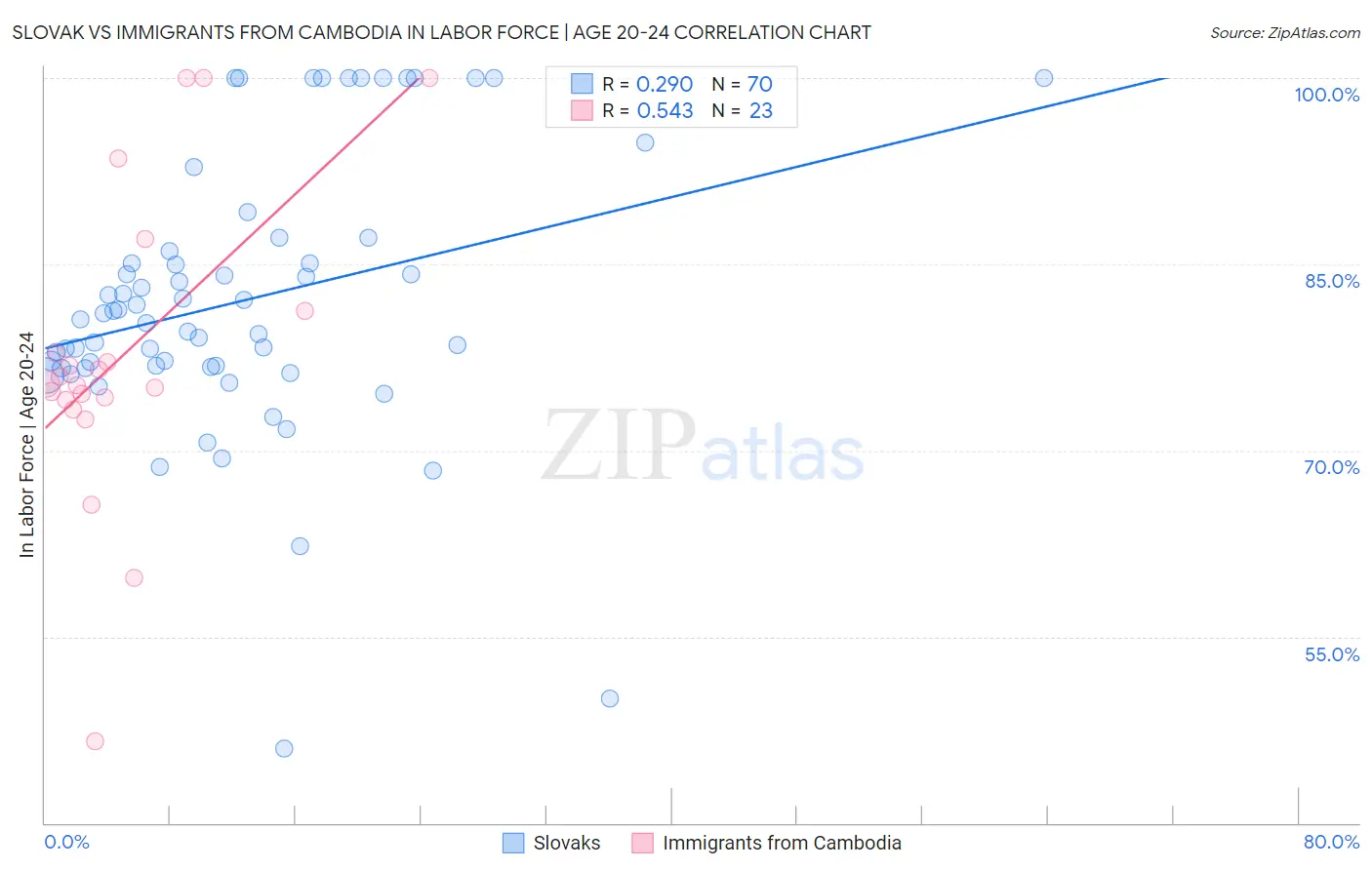 Slovak vs Immigrants from Cambodia In Labor Force | Age 20-24