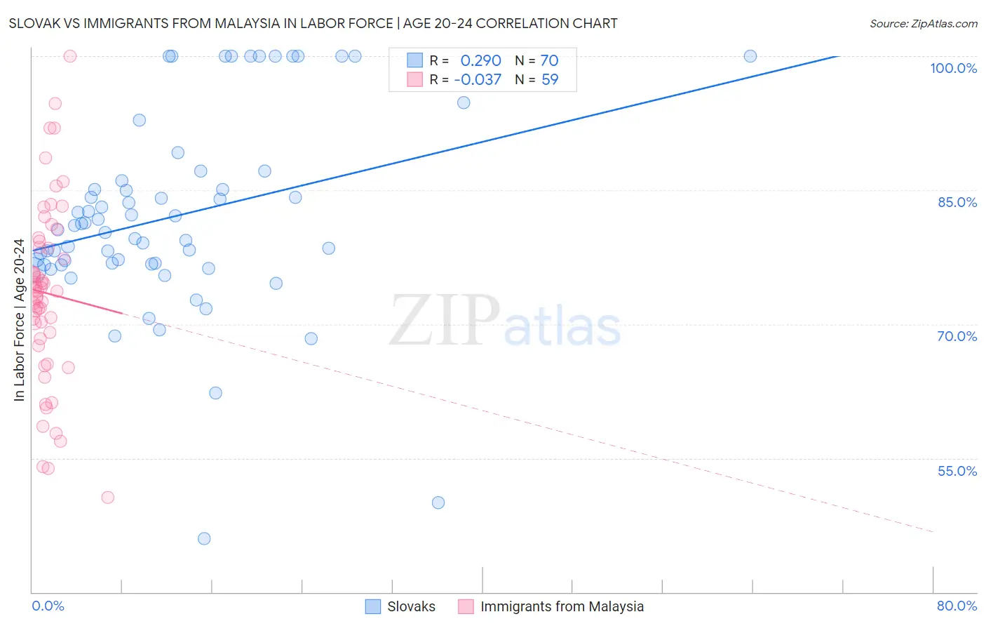 Slovak vs Immigrants from Malaysia In Labor Force | Age 20-24