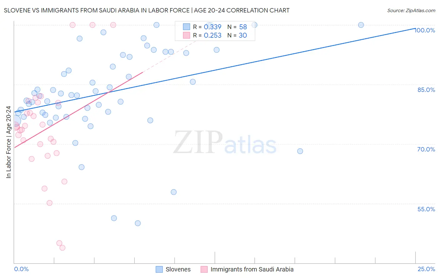 Slovene vs Immigrants from Saudi Arabia In Labor Force | Age 20-24