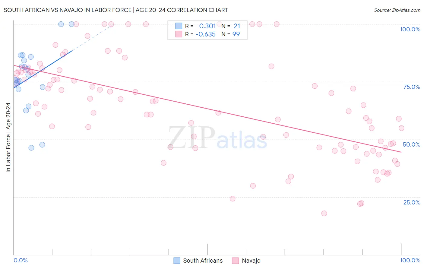 South African vs Navajo In Labor Force | Age 20-24