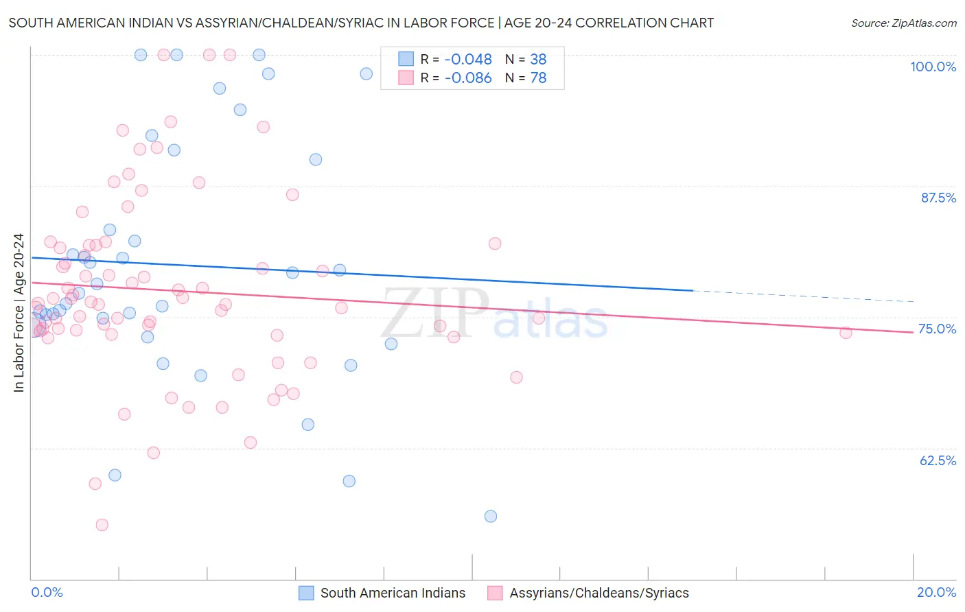 South American Indian vs Assyrian/Chaldean/Syriac In Labor Force | Age 20-24