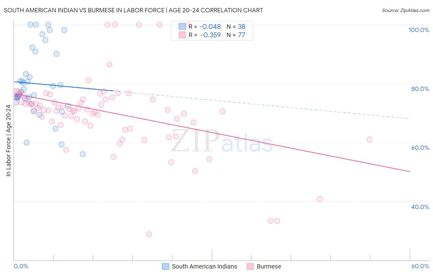 South American Indian vs Burmese In Labor Force | Age 20-24