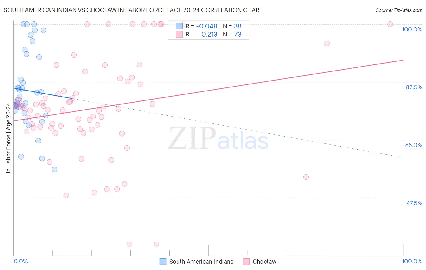 South American Indian vs Choctaw In Labor Force | Age 20-24