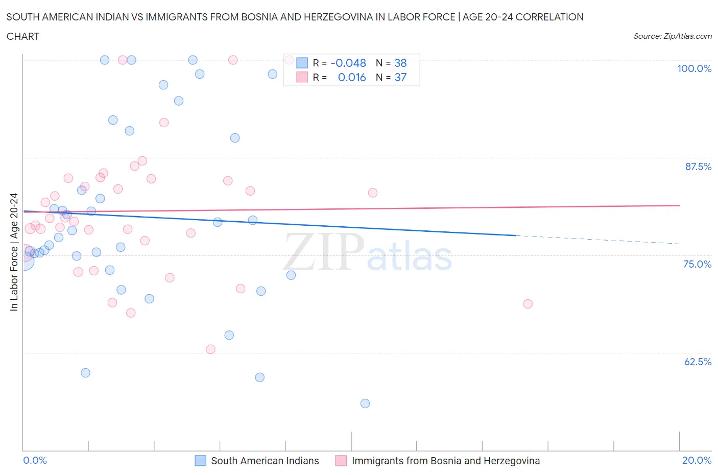 South American Indian vs Immigrants from Bosnia and Herzegovina In Labor Force | Age 20-24