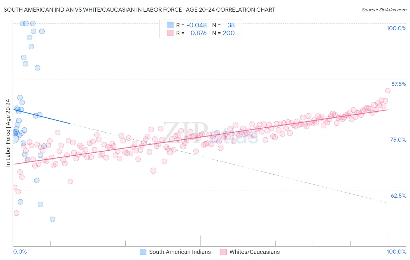 South American Indian vs White/Caucasian In Labor Force | Age 20-24