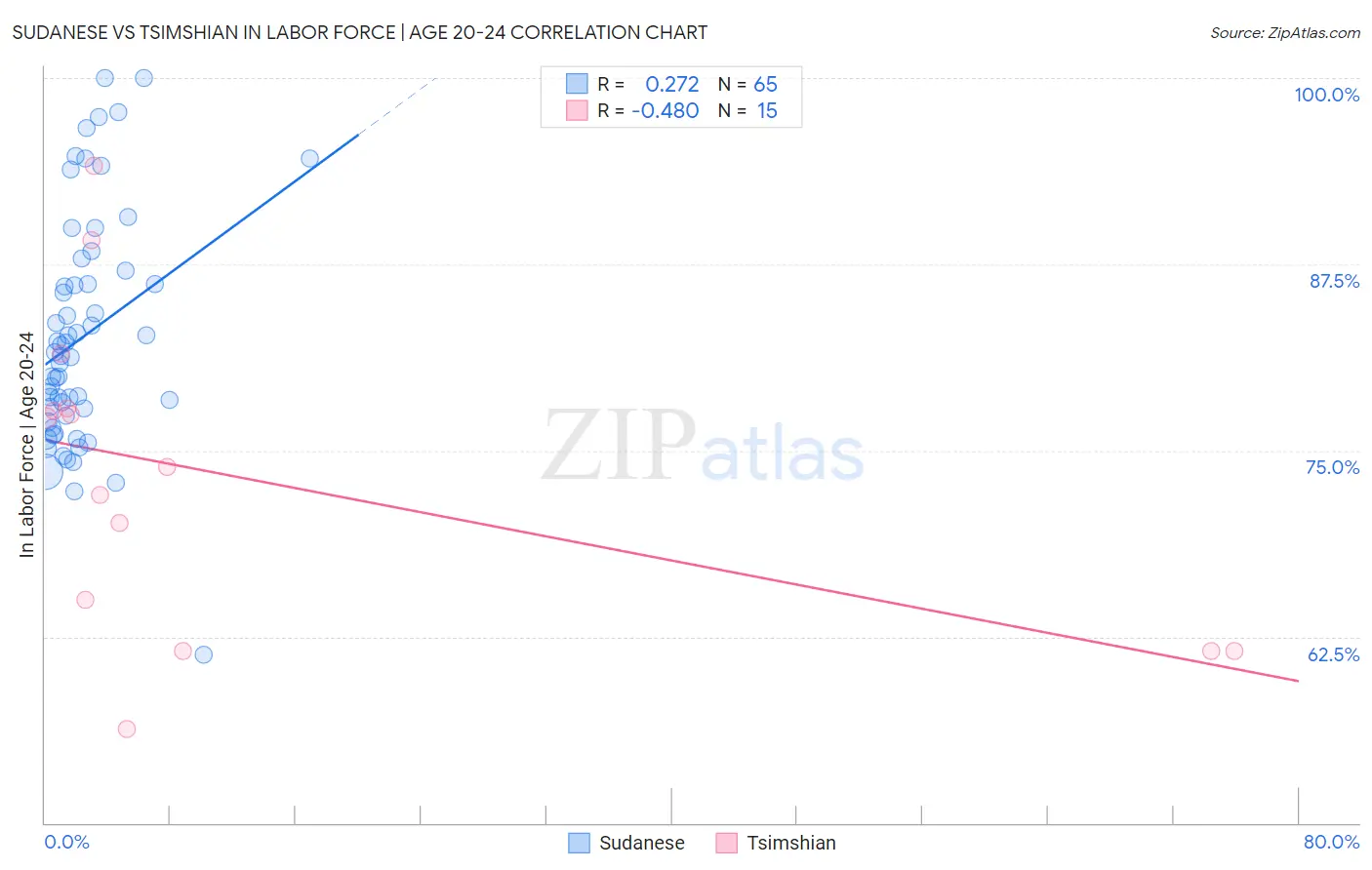 Sudanese vs Tsimshian In Labor Force | Age 20-24