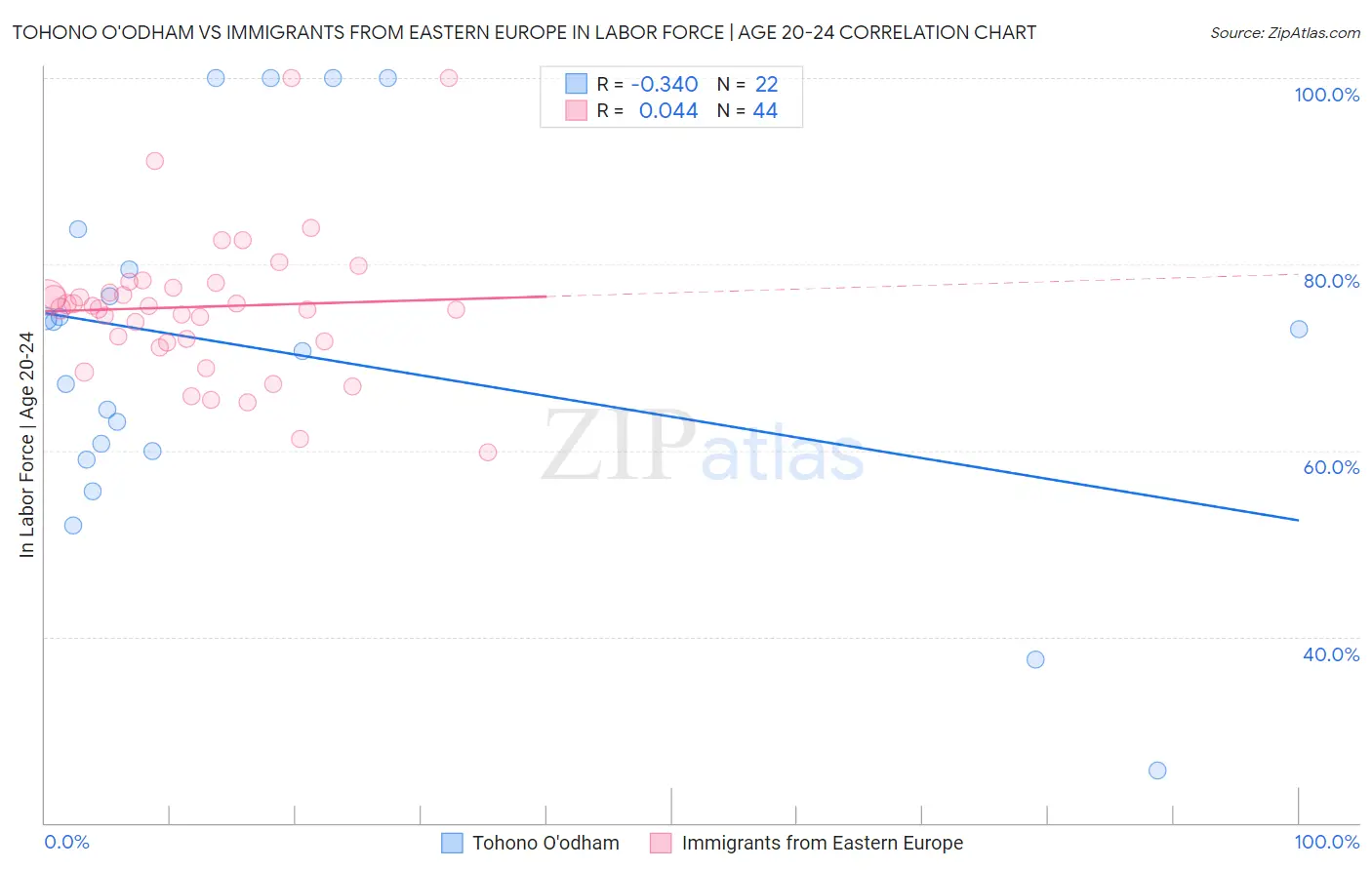 Tohono O'odham vs Immigrants from Eastern Europe In Labor Force | Age 20-24