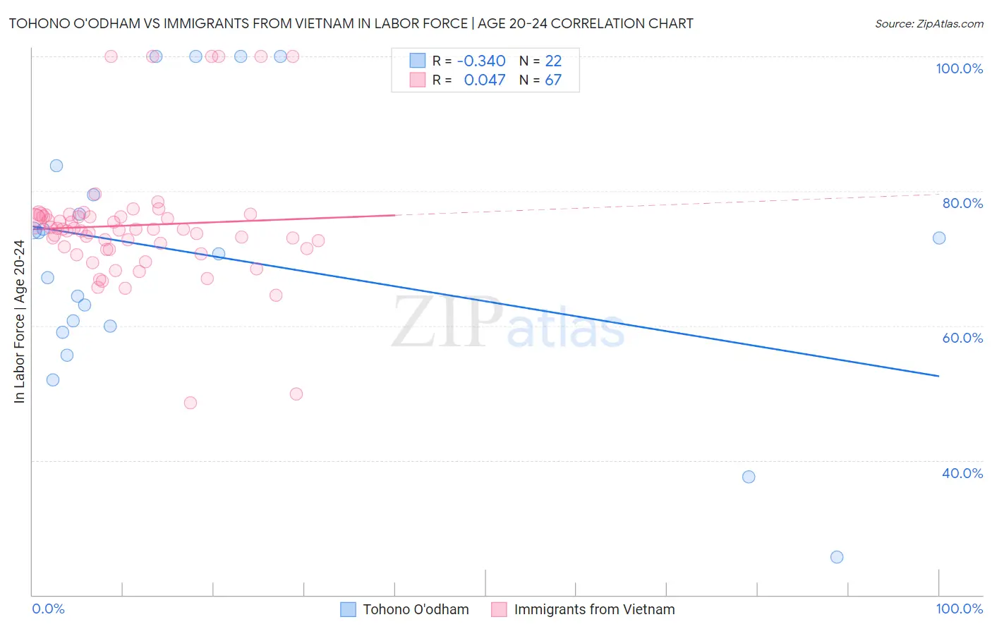 Tohono O'odham vs Immigrants from Vietnam In Labor Force | Age 20-24