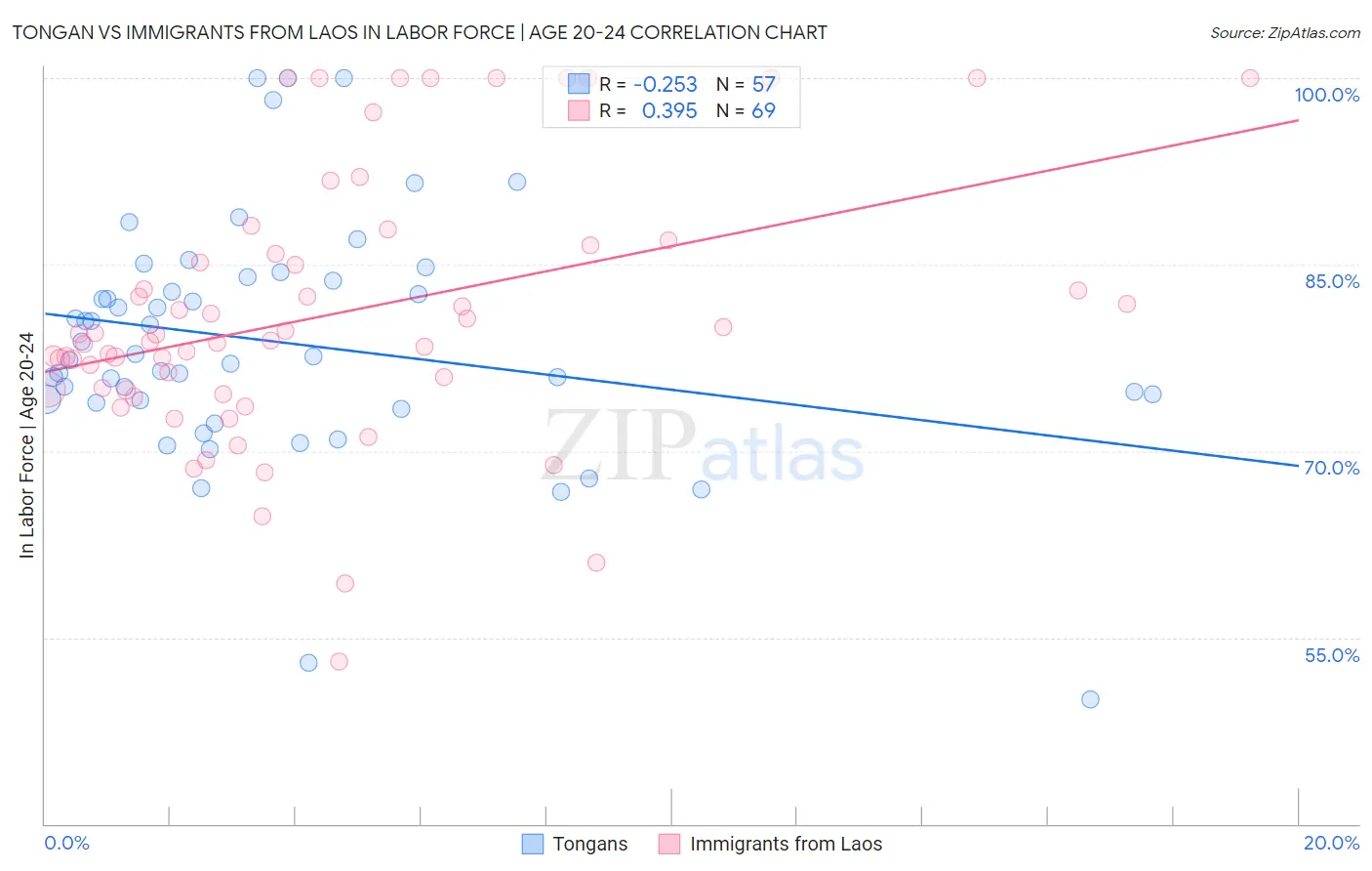 Tongan vs Immigrants from Laos In Labor Force | Age 20-24