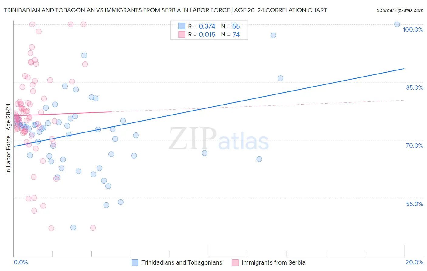 Trinidadian and Tobagonian vs Immigrants from Serbia In Labor Force | Age 20-24