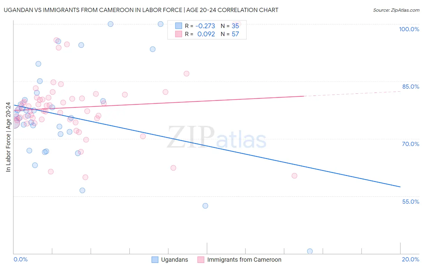 Ugandan vs Immigrants from Cameroon In Labor Force | Age 20-24