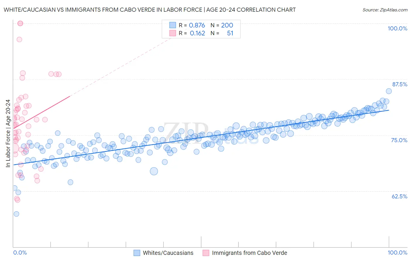 White/Caucasian vs Immigrants from Cabo Verde In Labor Force | Age 20-24