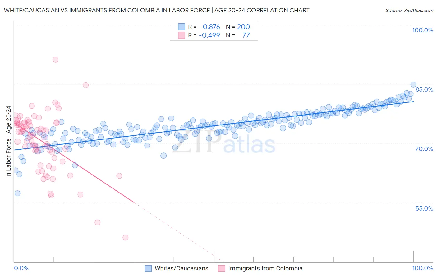 White/Caucasian vs Immigrants from Colombia In Labor Force | Age 20-24