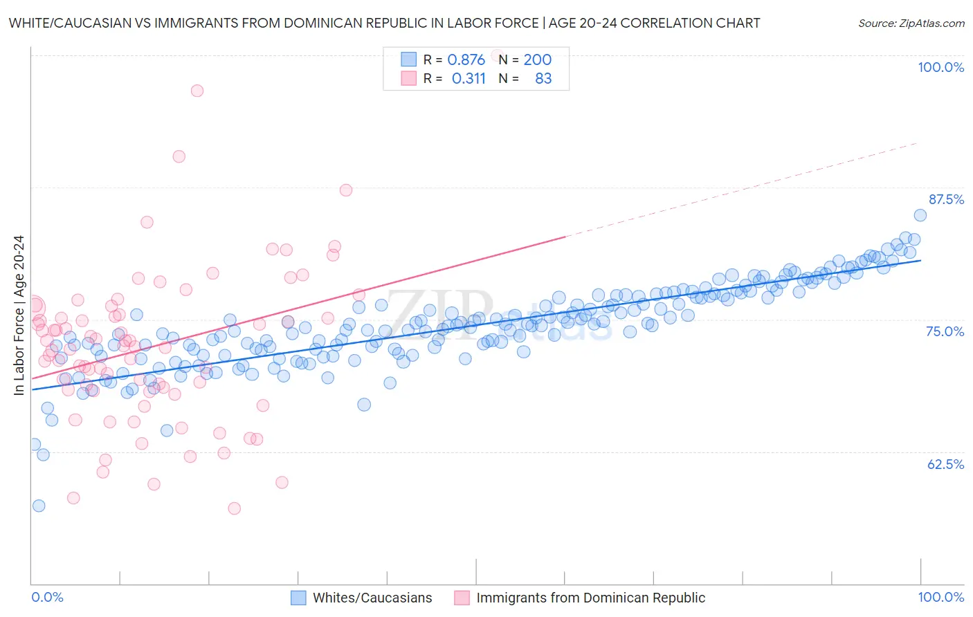 White/Caucasian vs Immigrants from Dominican Republic In Labor Force | Age 20-24