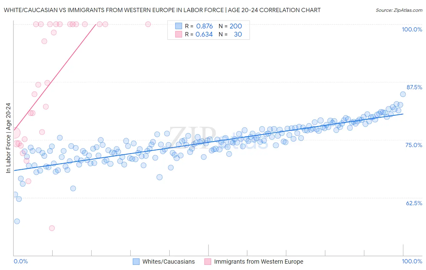White/Caucasian vs Immigrants from Western Europe In Labor Force | Age 20-24