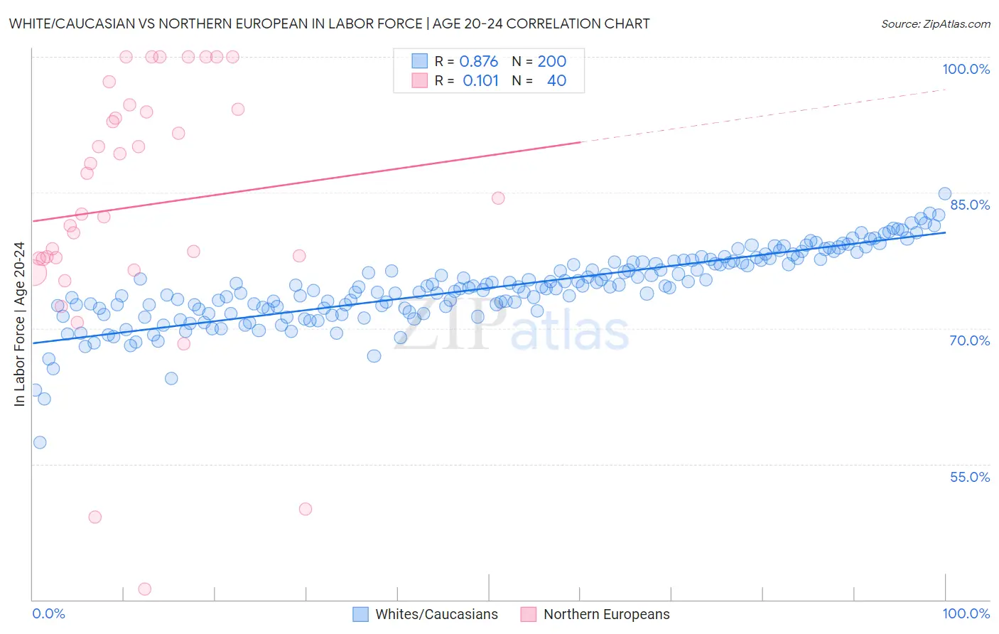 White/Caucasian vs Northern European In Labor Force | Age 20-24