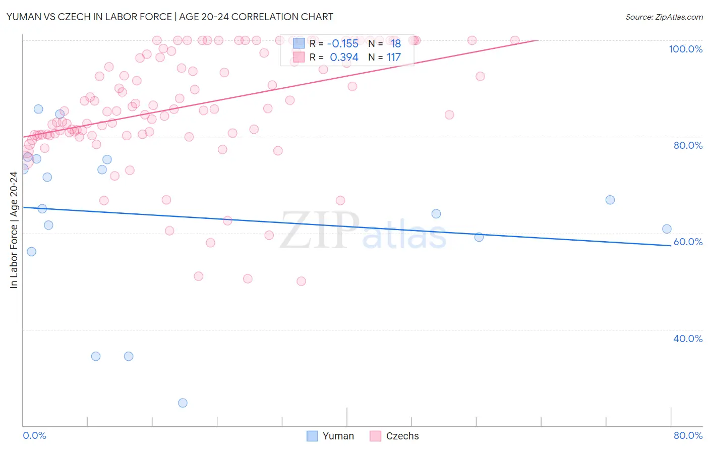 Yuman vs Czech In Labor Force | Age 20-24