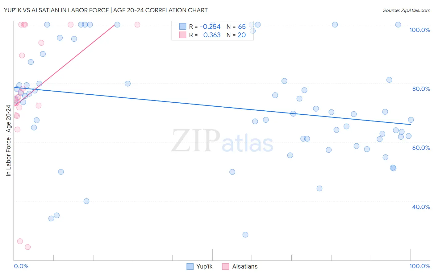 Yup'ik vs Alsatian In Labor Force | Age 20-24