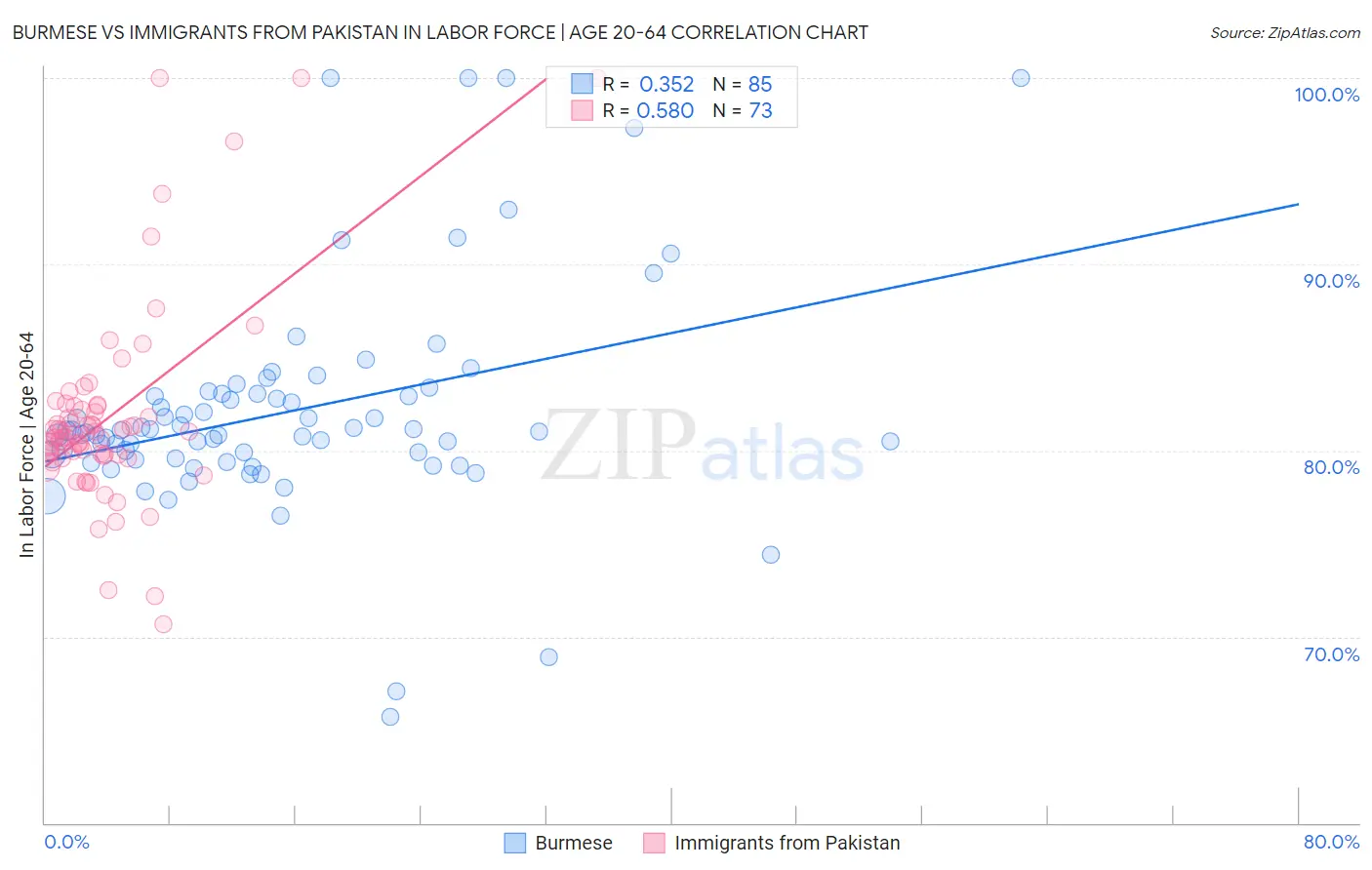 Burmese vs Immigrants from Pakistan In Labor Force | Age 20-64