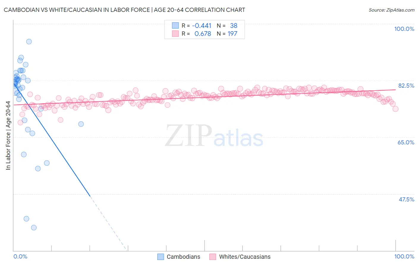 Cambodian vs White/Caucasian In Labor Force | Age 20-64