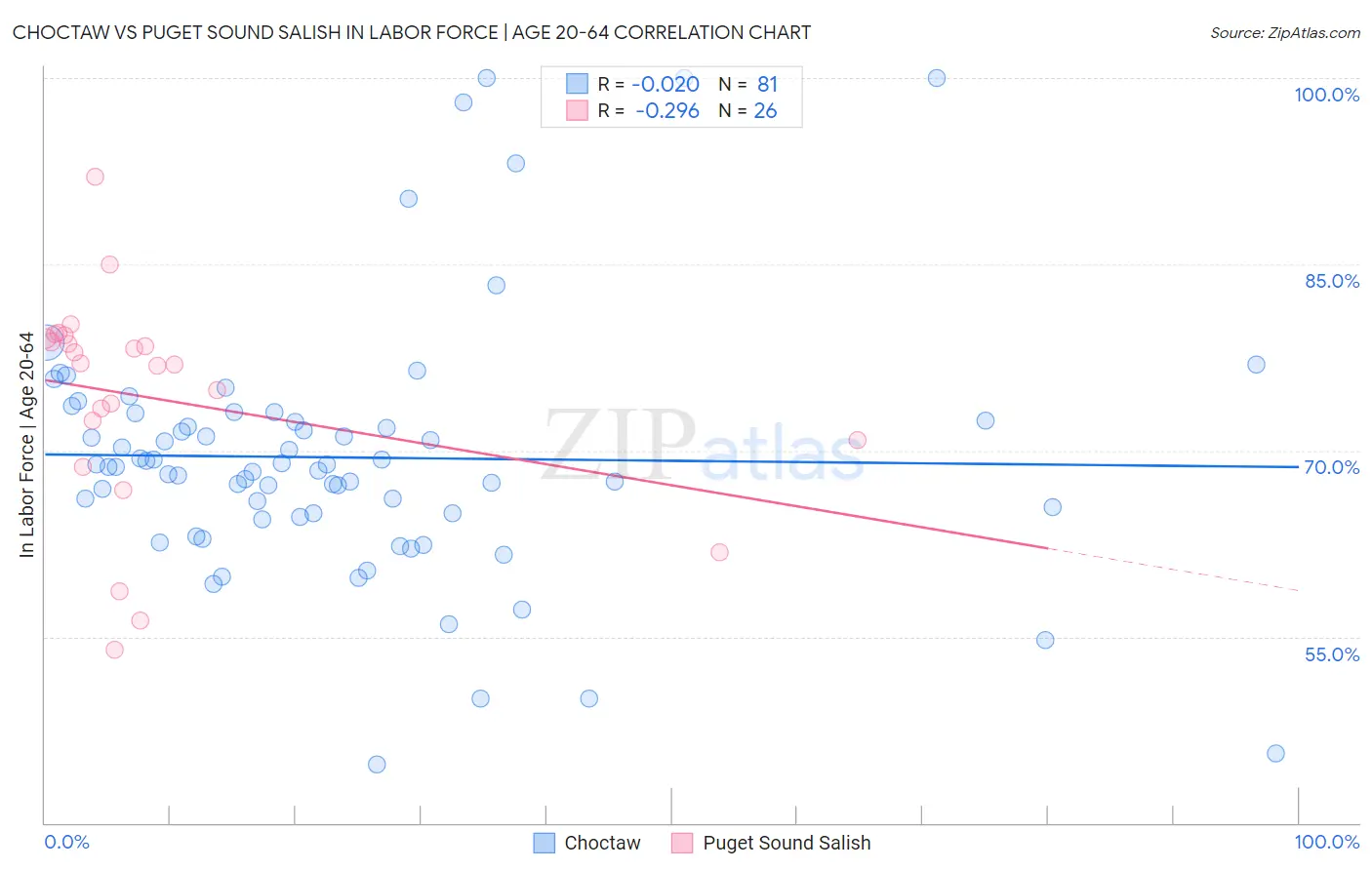 Choctaw vs Puget Sound Salish In Labor Force | Age 20-64