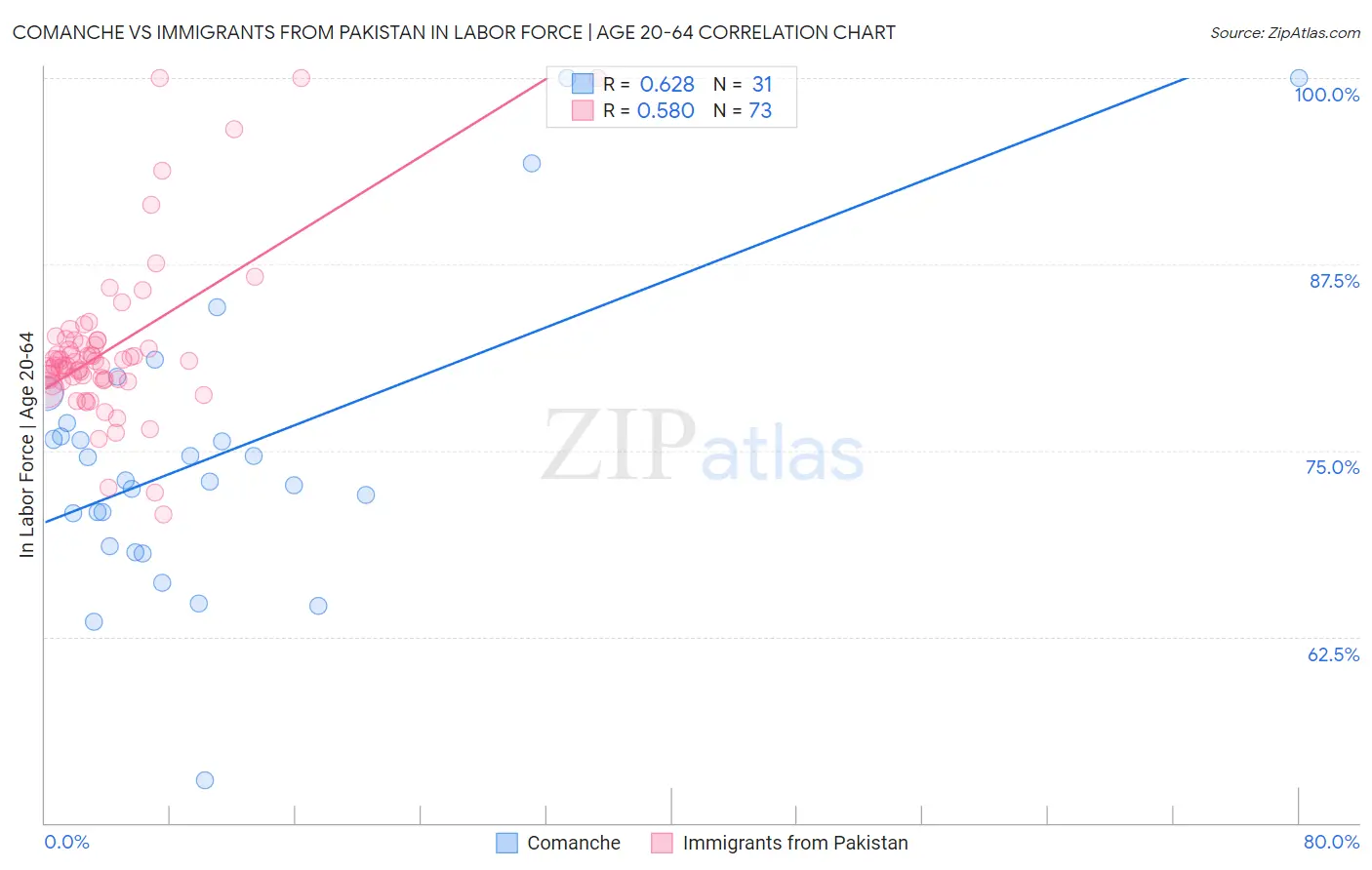 Comanche vs Immigrants from Pakistan In Labor Force | Age 20-64