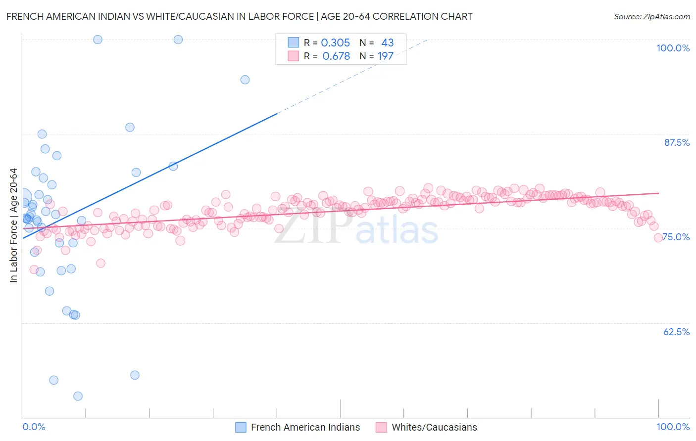 French American Indian vs White/Caucasian In Labor Force | Age 20-64