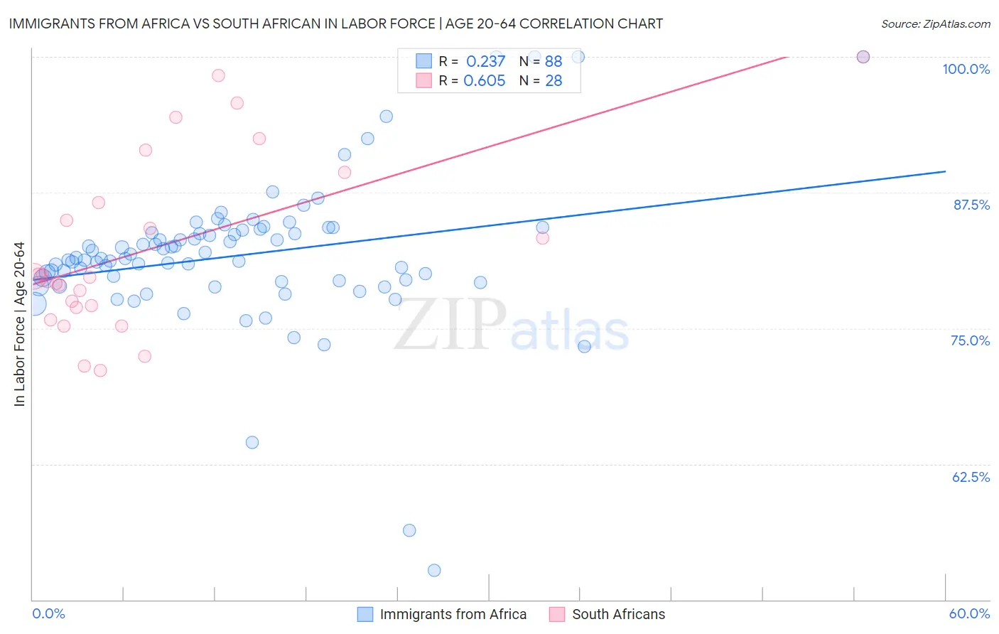 Immigrants from Africa vs South African In Labor Force | Age 20-64