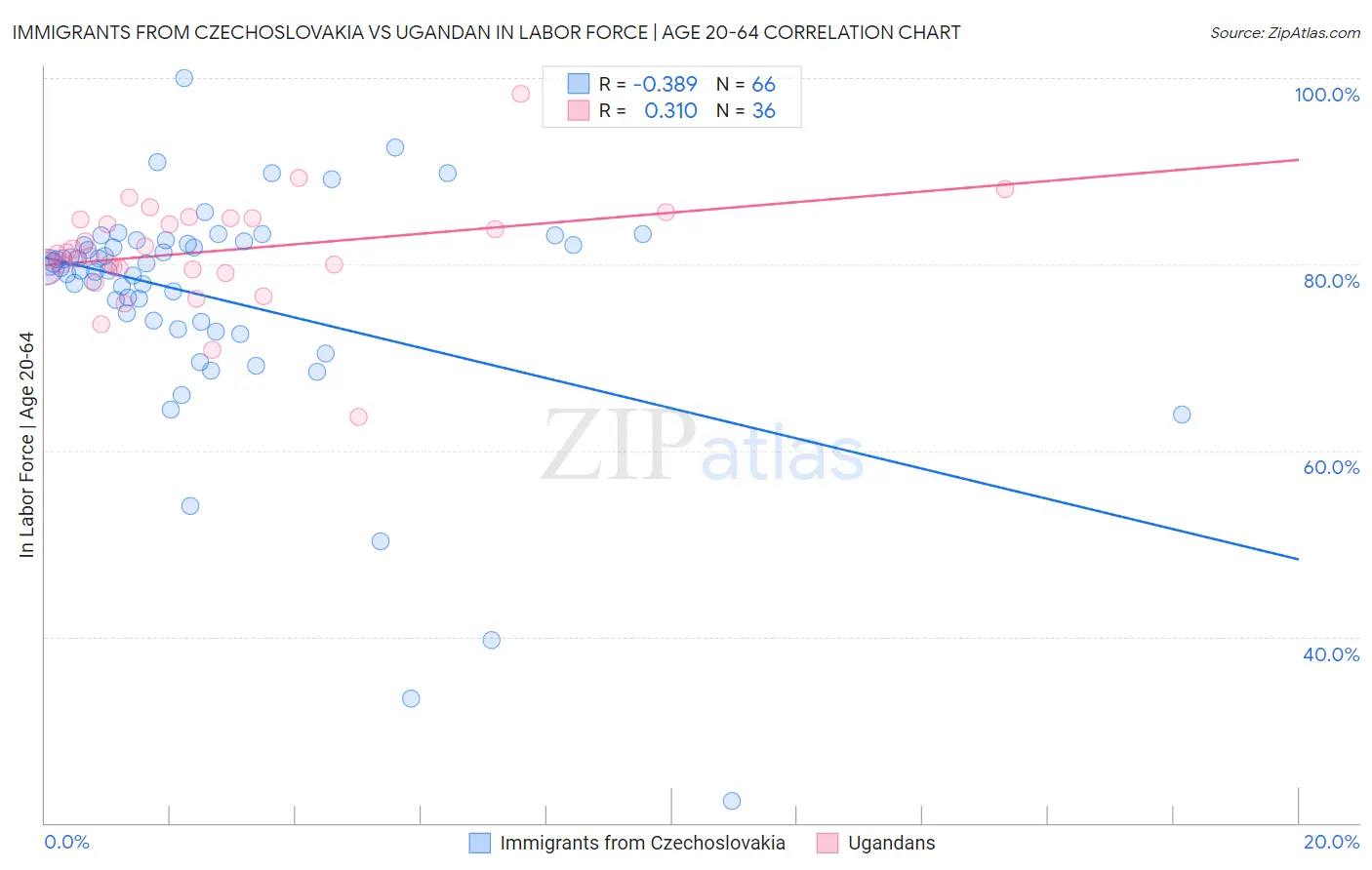 Immigrants from Czechoslovakia vs Ugandan In Labor Force | Age 20-64