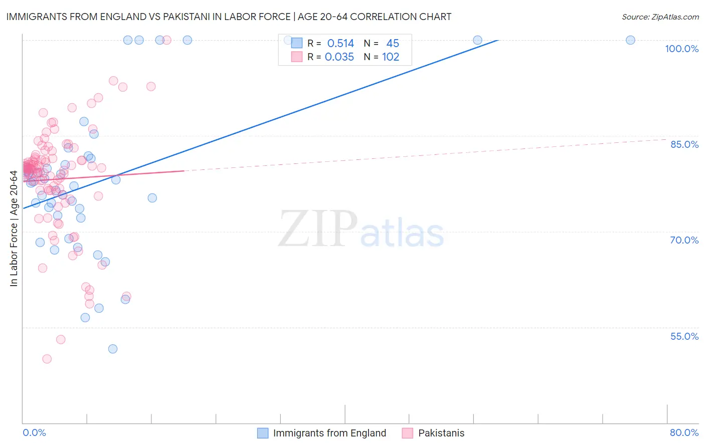 Immigrants from England vs Pakistani In Labor Force | Age 20-64