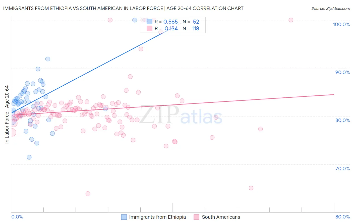 Immigrants from Ethiopia vs South American In Labor Force | Age 20-64