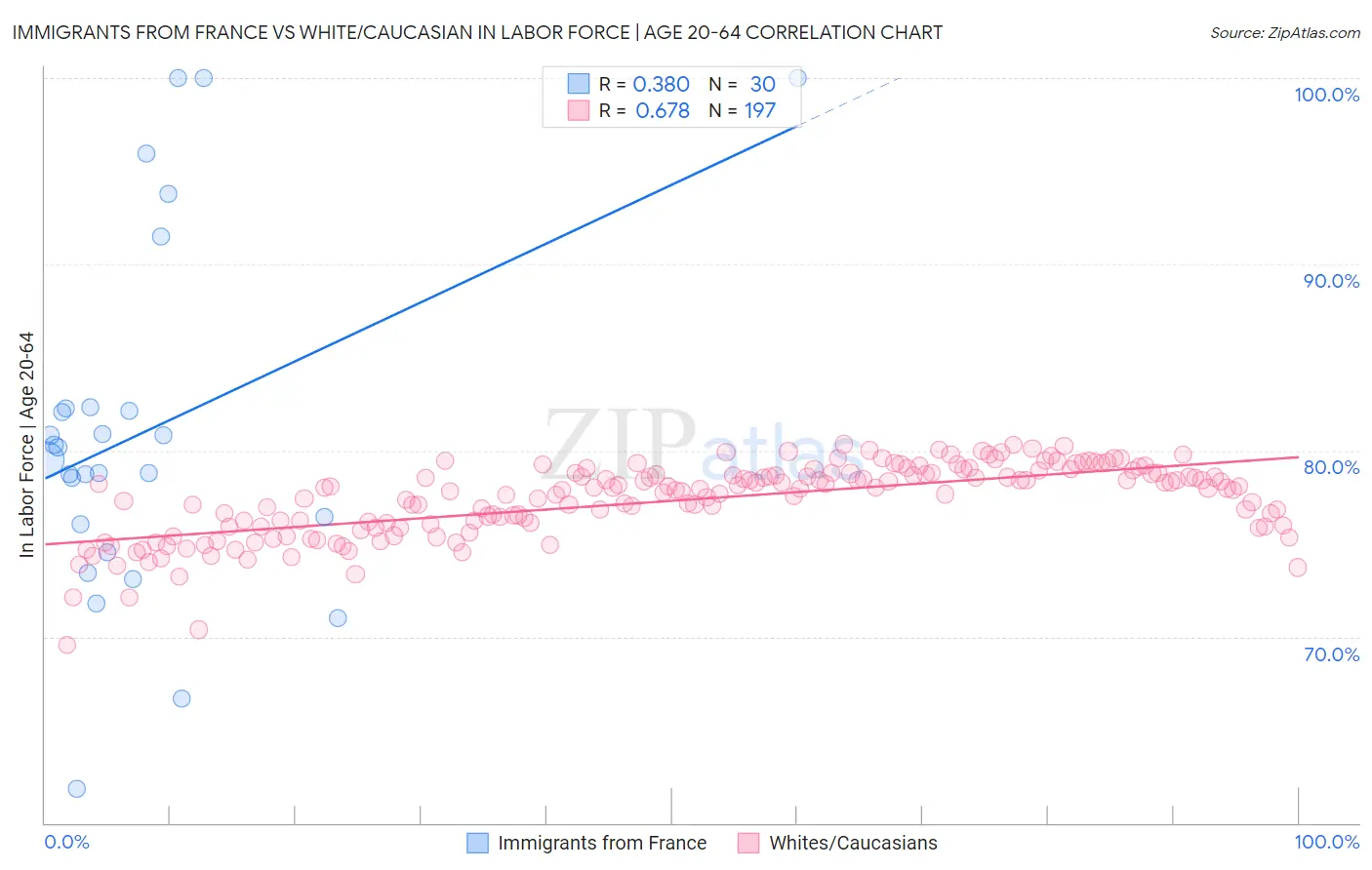 Immigrants from France vs White/Caucasian In Labor Force | Age 20-64