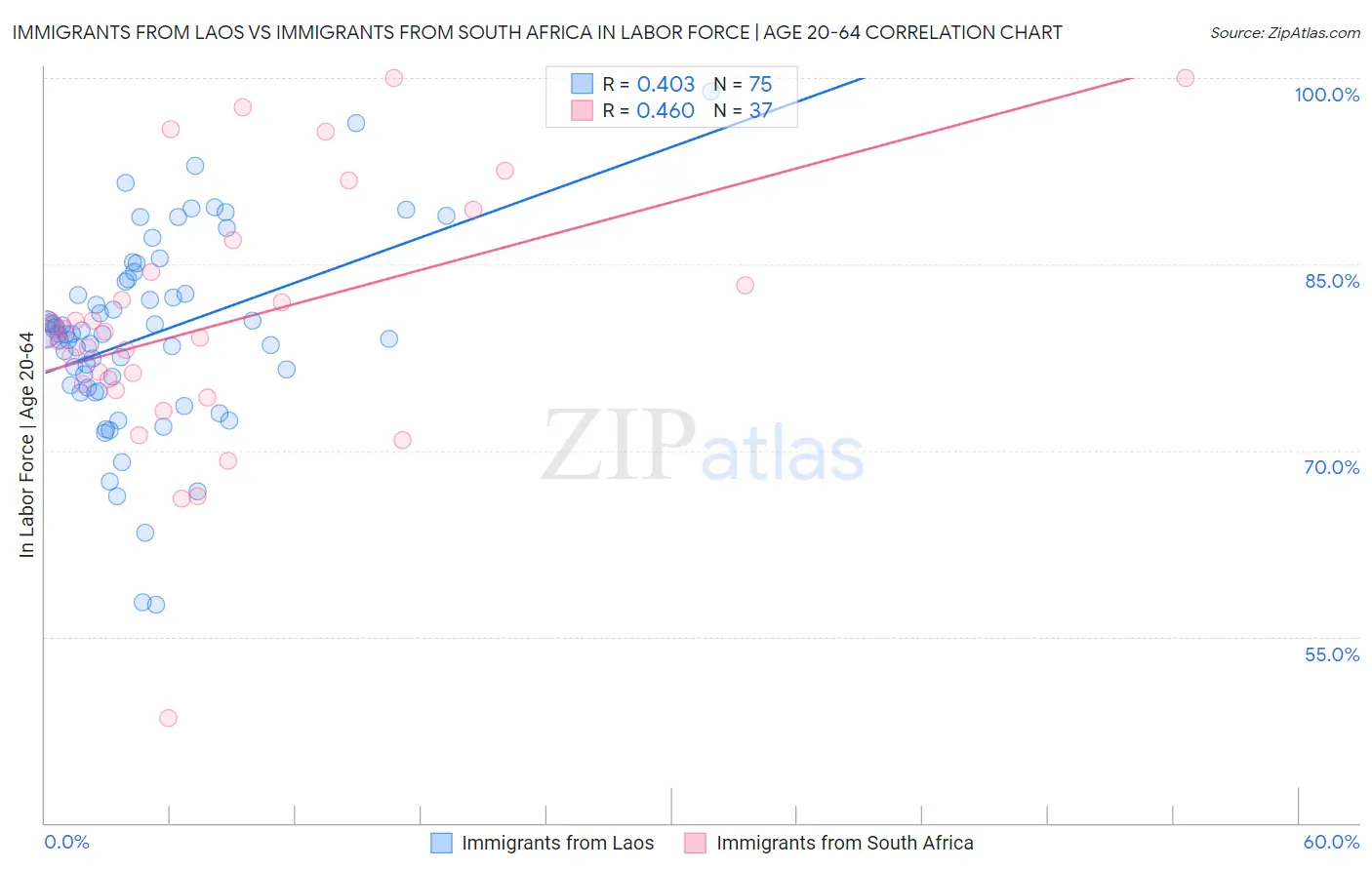 Immigrants from Laos vs Immigrants from South Africa In Labor Force | Age 20-64