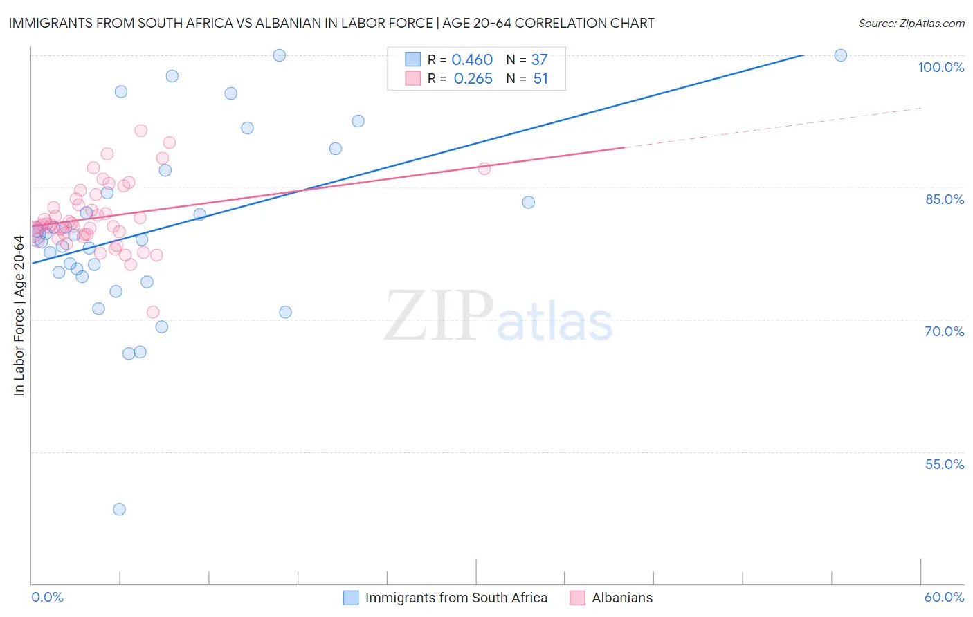 Immigrants from South Africa vs Albanian In Labor Force | Age 20-64