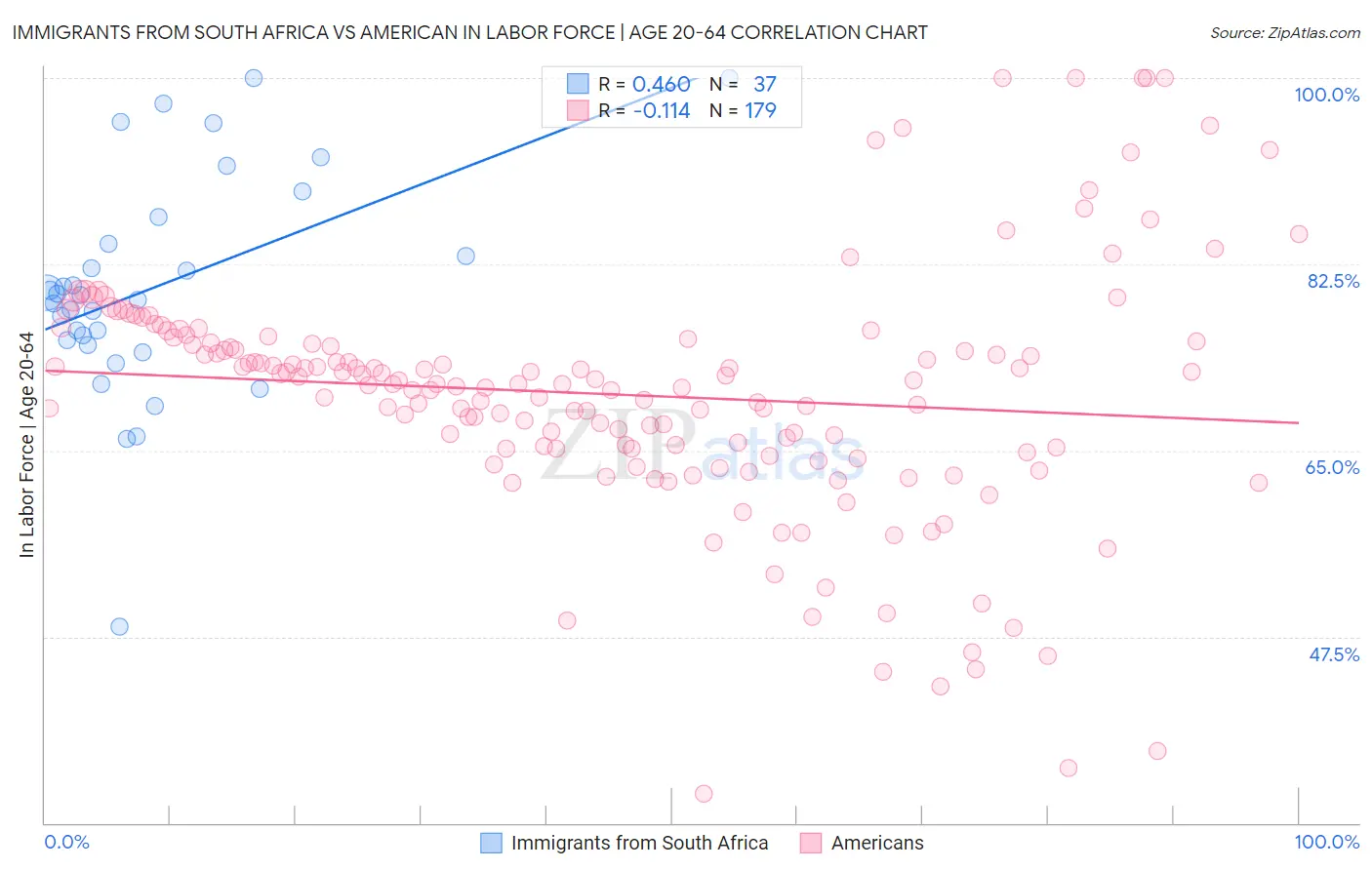 Immigrants from South Africa vs American In Labor Force | Age 20-64