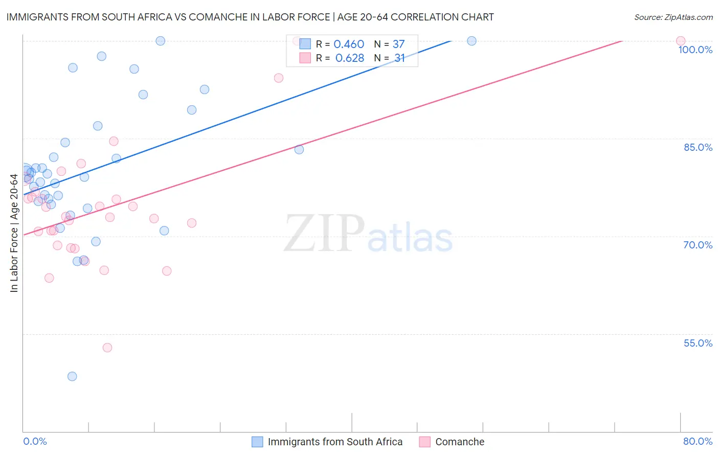 Immigrants from South Africa vs Comanche In Labor Force | Age 20-64