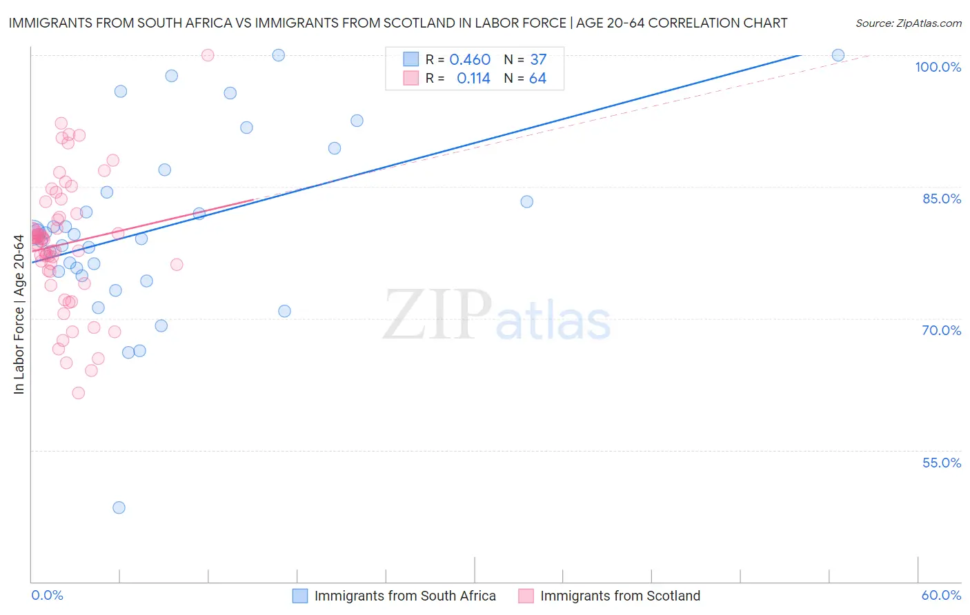 Immigrants from South Africa vs Immigrants from Scotland In Labor Force | Age 20-64