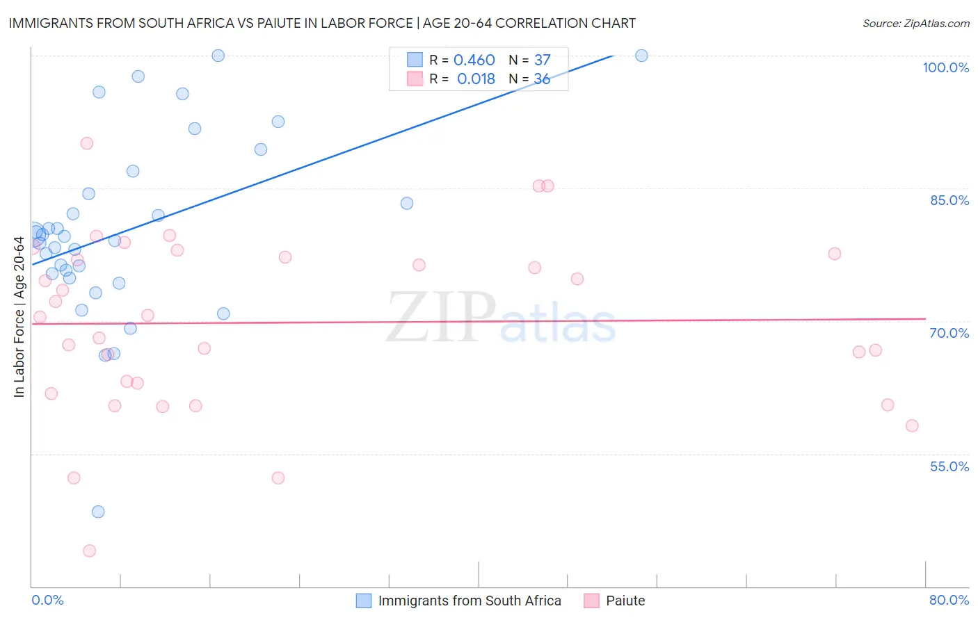 Immigrants from South Africa vs Paiute In Labor Force | Age 20-64