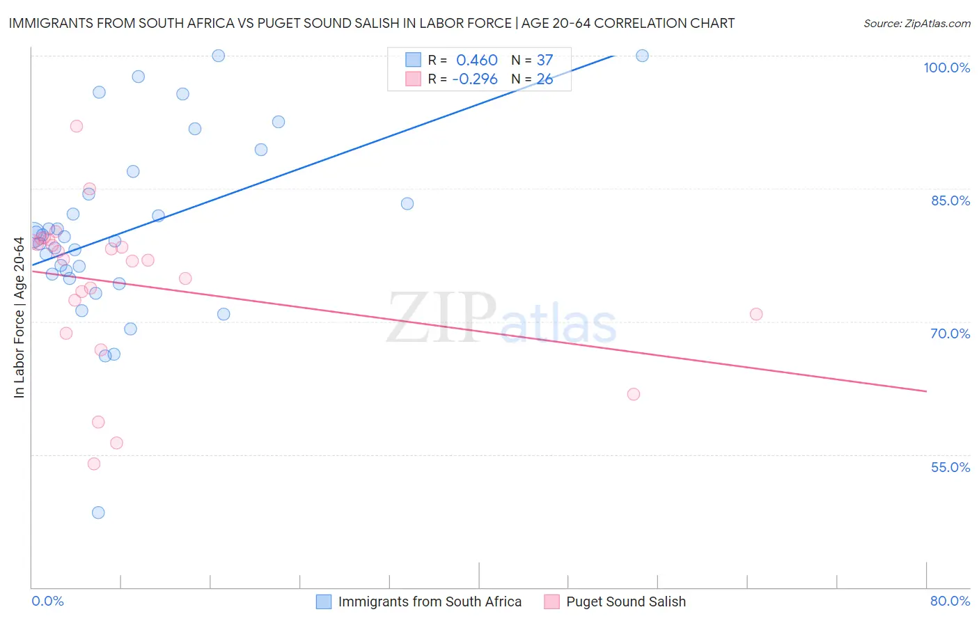 Immigrants from South Africa vs Puget Sound Salish In Labor Force | Age 20-64