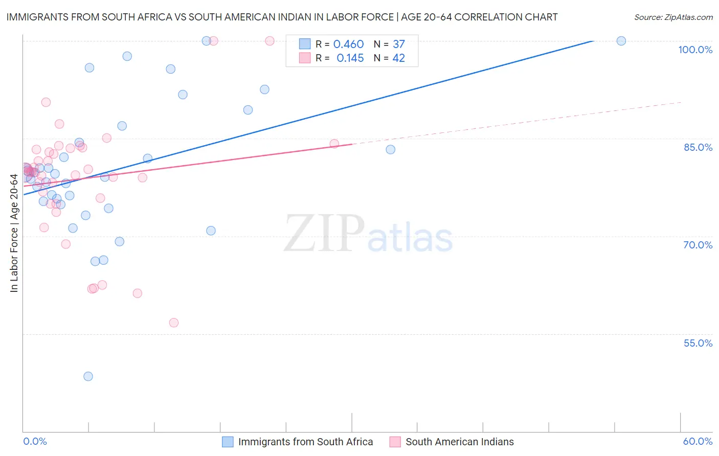 Immigrants from South Africa vs South American Indian In Labor Force | Age 20-64