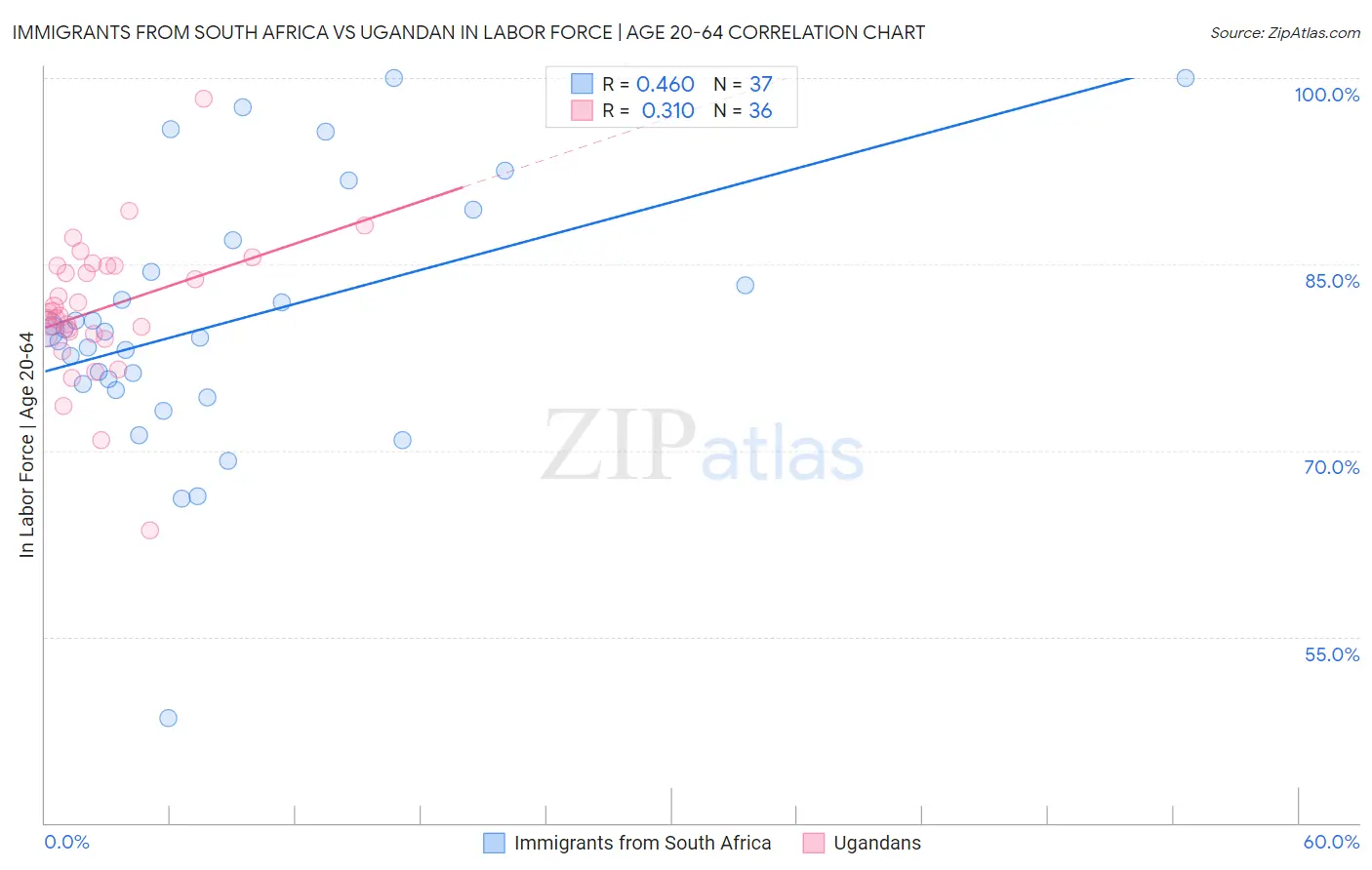 Immigrants from South Africa vs Ugandan In Labor Force | Age 20-64