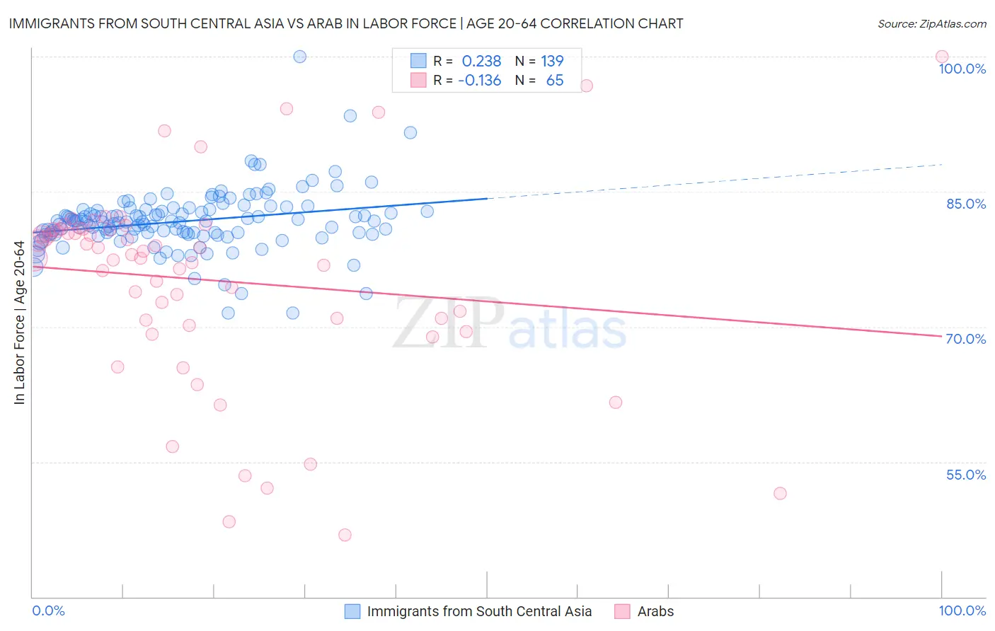 Immigrants from South Central Asia vs Arab In Labor Force | Age 20-64