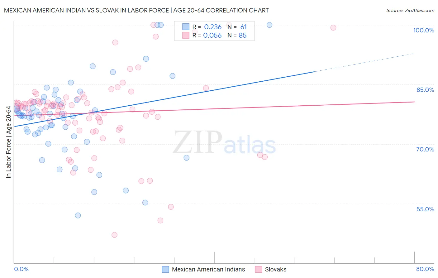 Mexican American Indian vs Slovak In Labor Force | Age 20-64